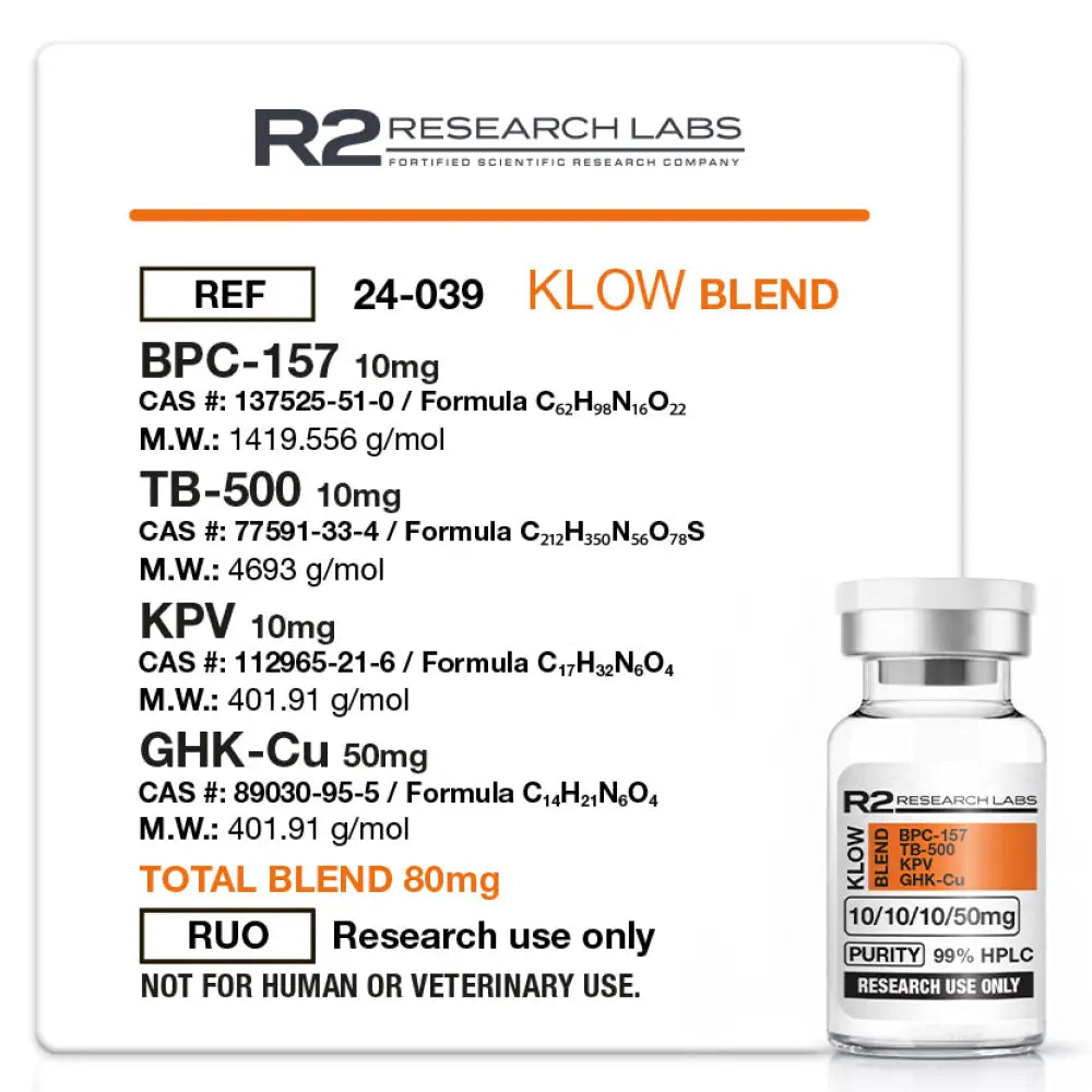 KLOW Blend (GHK-Cu · TB-500 · BPC-157 · KPV) — frasco para pesquisa